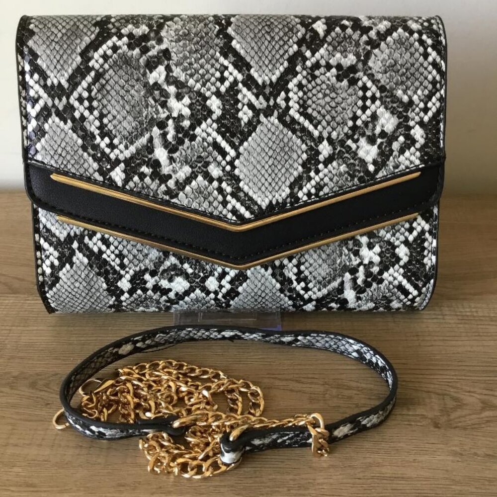 Madison West Faux Leather Snakeskin Clutch Crossbody Bag with Chain Detail NWOT
